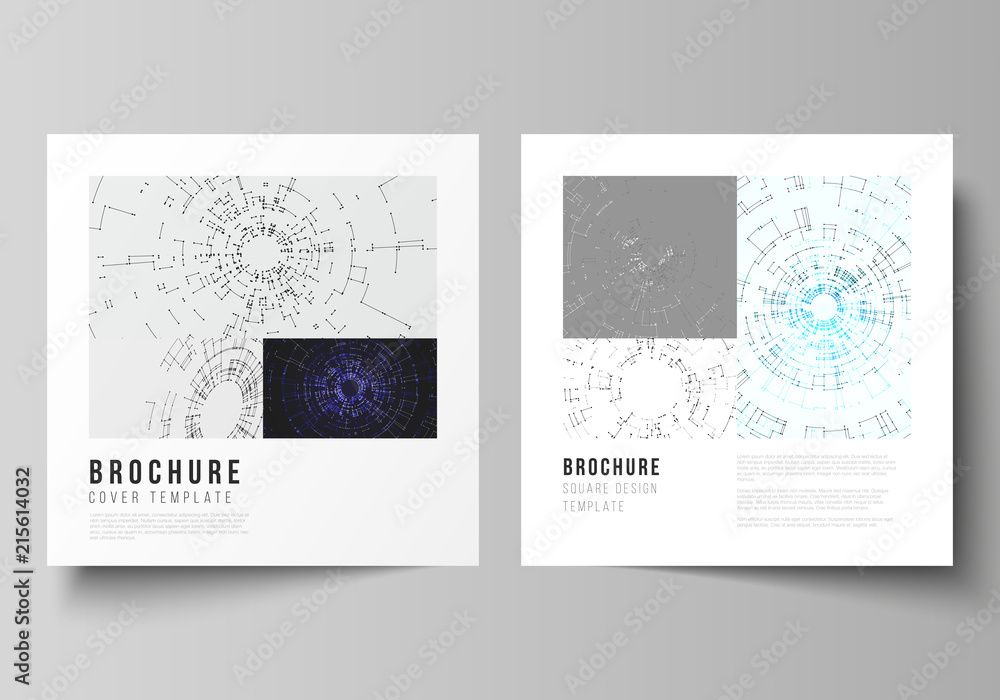 The vector layout of two square format covers design templates for brochure, flyer, magazine. Network connection concept with connecting lines and dots. Technology design, digital geometric background