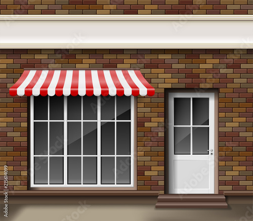 Brick small 3d store or boutique front facade. Exterior boutique shop with big window. Blank mockup of stylish realistic street shop. Vector illustration