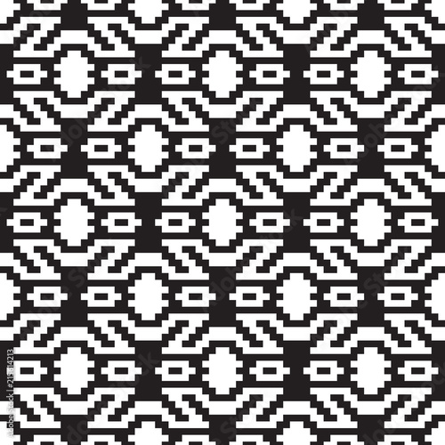 Ethnic pattern. Black and white seamless background. Pixel boho ornament. Monochrome vector design.