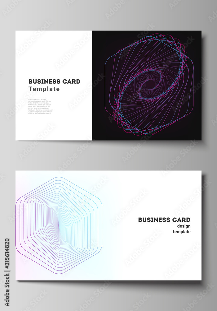 Vector illustration of the editable layout of two creative business cards design templates. Random chaotic lines that creat real shapes. Chaos pattern, abstract texture. Order vs chaos concept. Vector illustration of the editable layout of two creative business cards design templates. Random chaotic lines that creat real shapes. Chaos pattern, abstract texture. Order vs chaos concept.