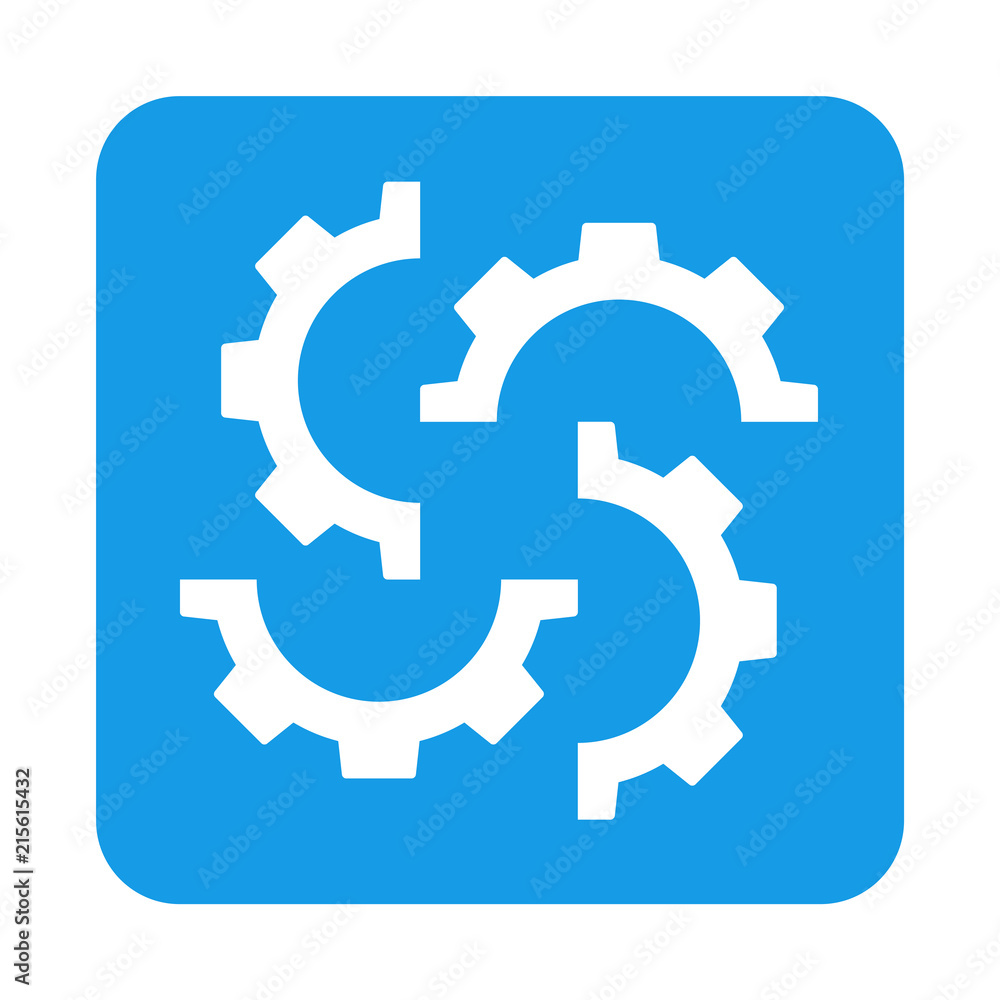 Icono plano 4 engranajes girando en cuadrado azul Icono plano 4 engranajes girando en cuadrado azul