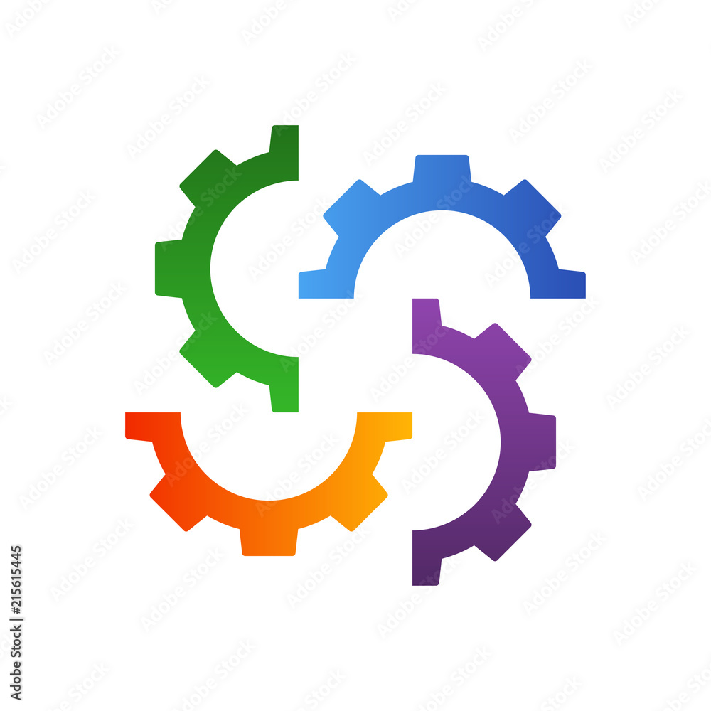 Icono plano 4 engranajes girando en varios colores Icono plano 4 engranajes girando en varios colores