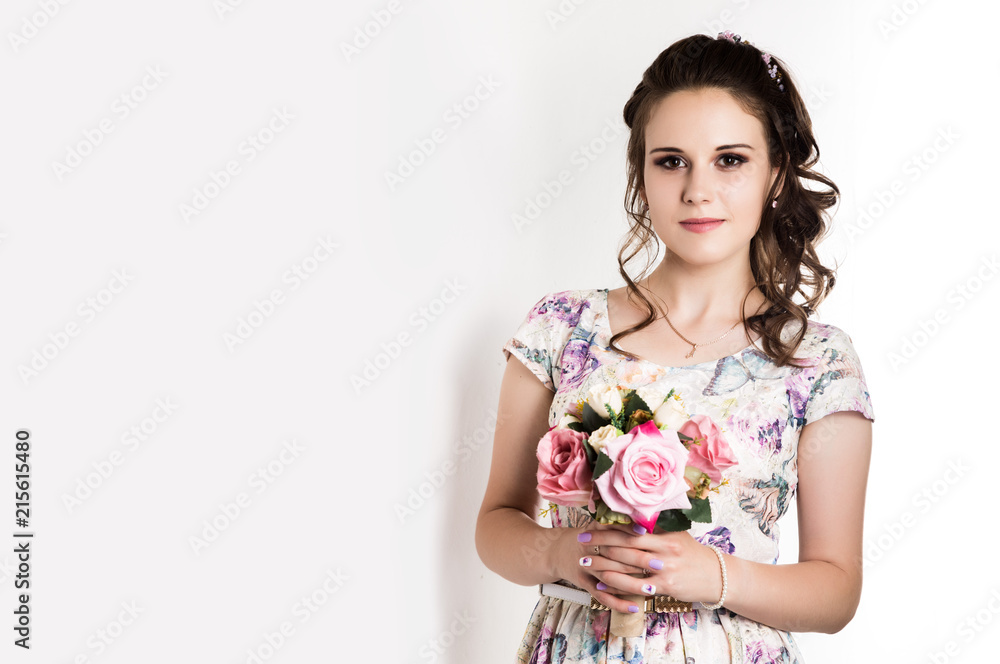 happy young woman with pink flowers bouqet on white background. free space for your text happy young woman with pink flowers bouqet on white background. free space for your text
