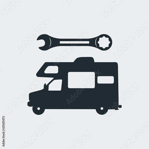 Icono plano autocaravana con herramienta en fondo gris