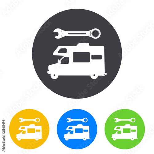 Icono plano autocaravana con herramienta en círculo varios colores