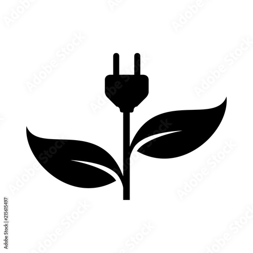Icono plano enchufe con hojas en color negro