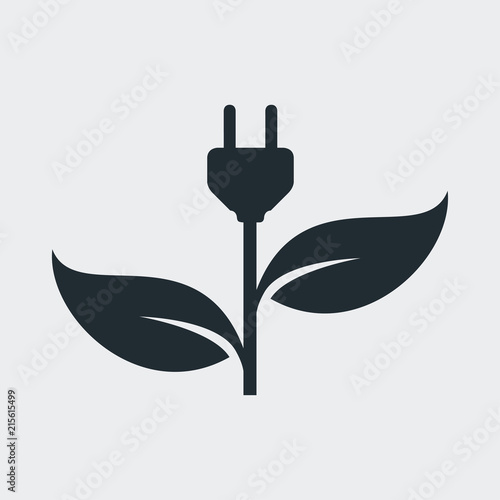 Icono plano enchufe con hojas en fondo gris