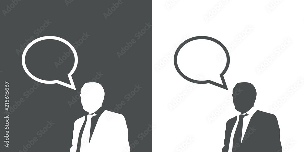 Icono plano hombre de negocios con comentario en gris y blanco Icono plano hombre de negocios con comentario en gris y blanco