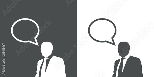 Icono plano hombre de negocios con comentario en gris y blanco
