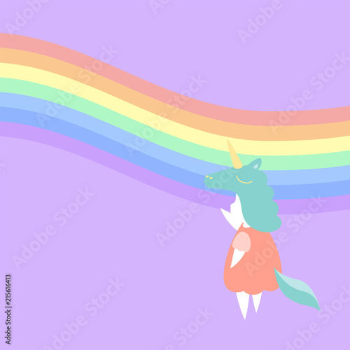 flat design of kid character in unicorn mascot dress, pastel rainbow theme