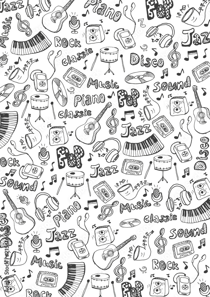 Music background with hand-draw doodle elements. Vector illustration.