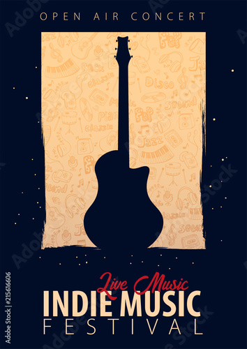 Indie Music Festival. Open Air. Flyer design Template with hand-draw doodle on the background.