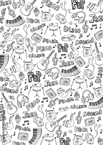 Music background with hand-draw doodle elements. Vector illustration.