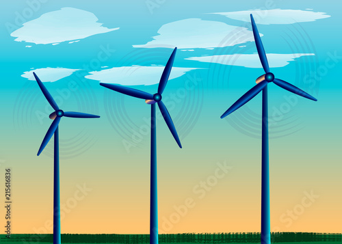 Windmills standing in the Field against the background of blue Sky, Power wind, Alternative source of Energy