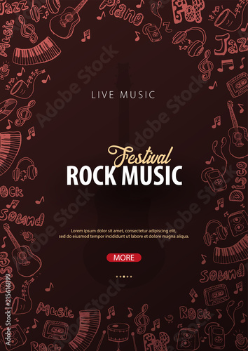 Rock Music Festival. Open Air. Flyer design Template with hand-draw doodle on the background.