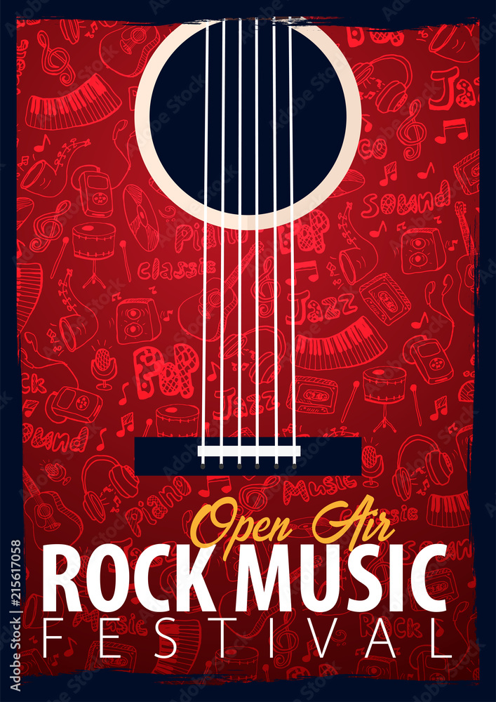 Fototapeta Rock Music Festival. Open Air. Flyer design Template with hand-draw doodle on the background.