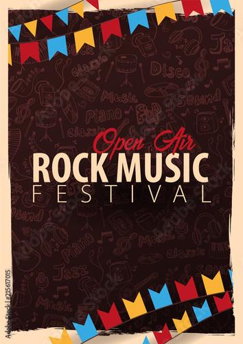 Rock Music Festival. Open Air. Flyer design Template with hand-draw doodle on the background.