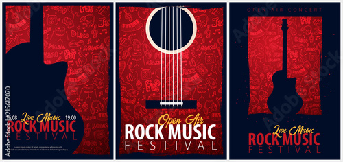 Rock Music Festival. Open Air. Set of Flyers design Template with hand-draw doodle on the background.
