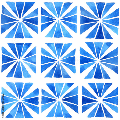 Watercolor geometric mosaic composition with triangular shapes in blue. Beaming rays imitation. Hand painted seamless pattern