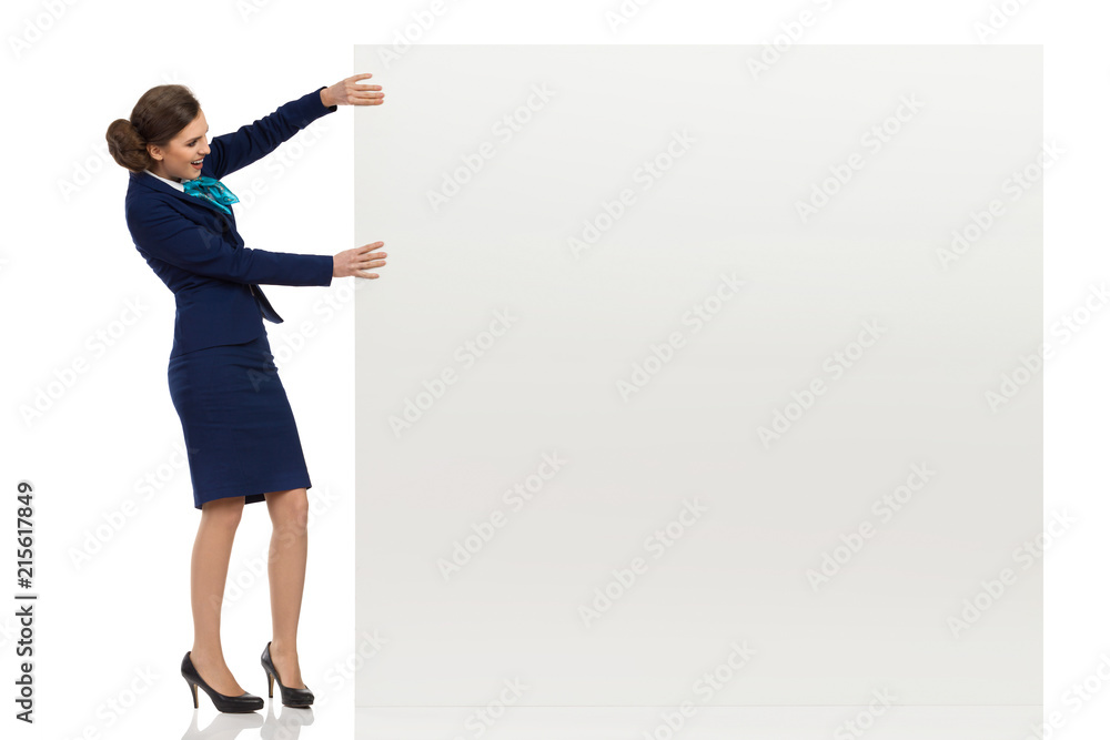 Happy Stewardess Is Holding Big Banner