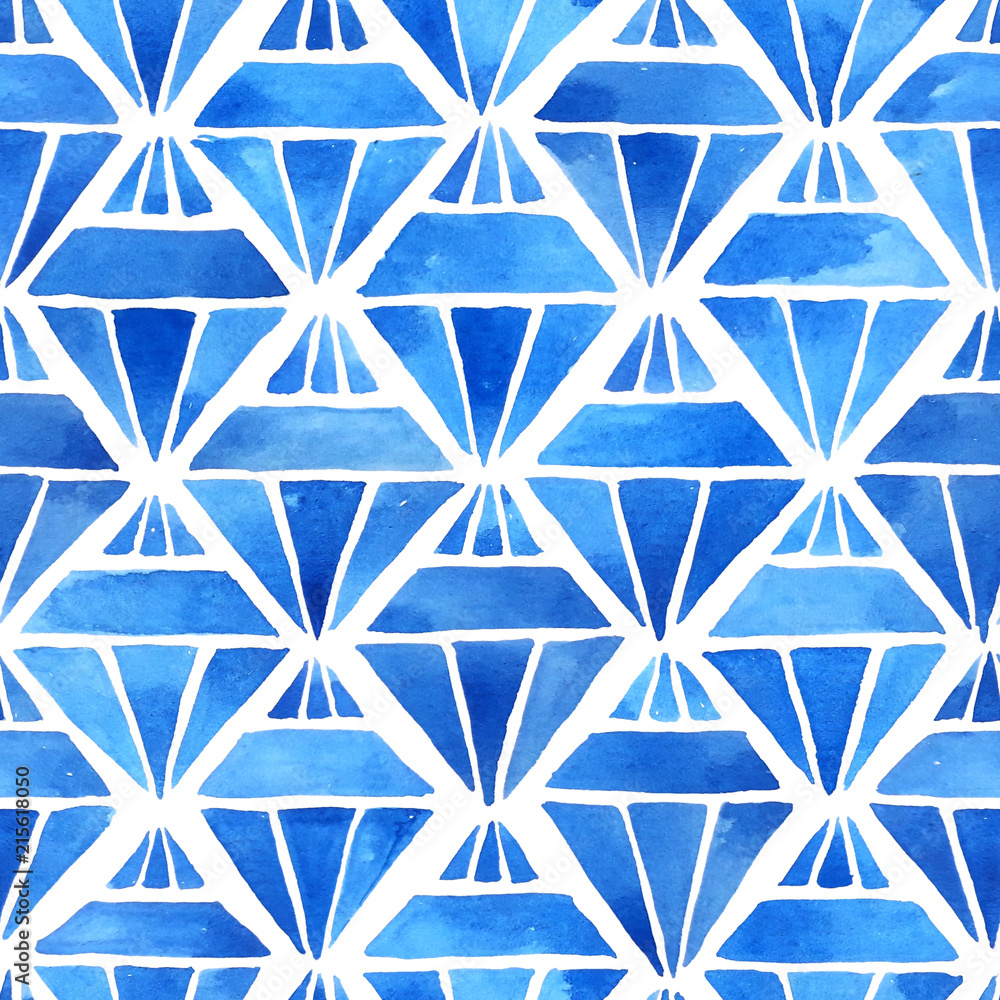 Watercolor geometric background with gemstone shapes in blue. Hand painted seamless pattern