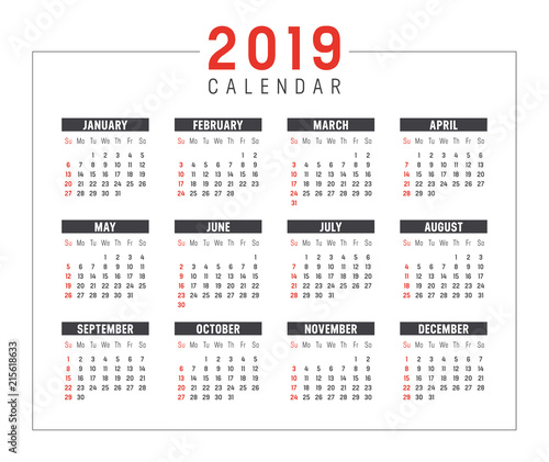 Year 2019 calendar vector template