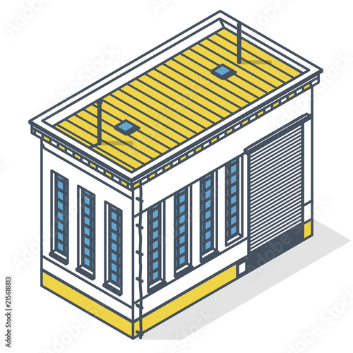 Assembly shop isometric building exterior. Outlined vector industrial engineer house workshop. Blue isometric workroom house. Flatten isolated master illustration