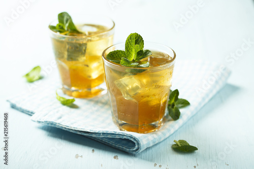 Homemade iced tea with lemon and mint