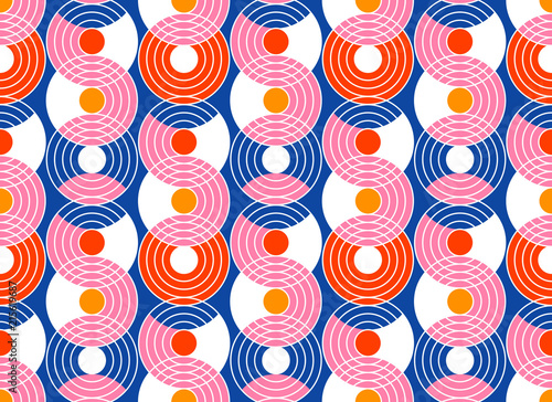 Geometric abstract seamless pattern background. Colorful shapes of curves and circles. Retro style modern trend design