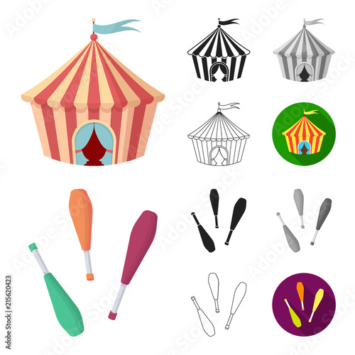 Circus and attributes cartoon,black,flat,monochrome,outline icons in set collection for design. Circus Art vector symbol stock web illustration.