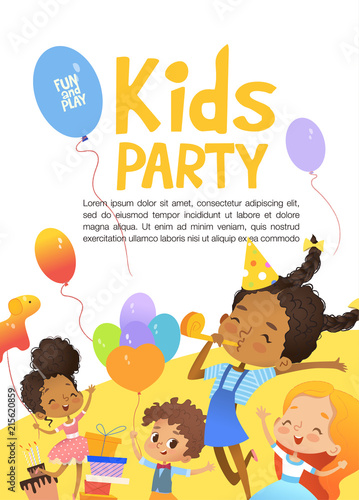 Joyous Multiracial kids in birthday hats and balloons happily jump. Cute rabbits, a bunch of presents on the background. Vector Illustration of a Happy Birthday Greeting Card or invitation flyer.