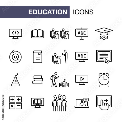 Education icons set simple flat style outline illustration