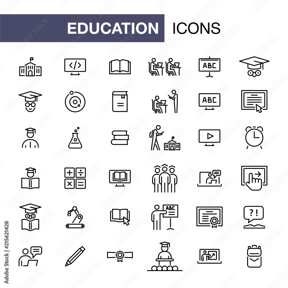 Education icons set simple flat style outline illustration