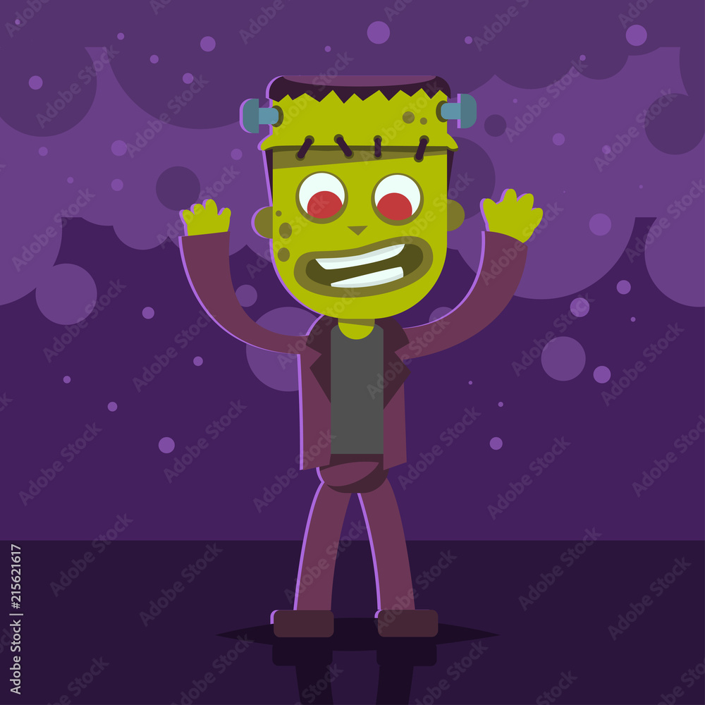 Halloween kids costume of frankenstein's monster on a purple abstract background. Vector cute cartoon flat character for holiday and partying. Template design for the poster. Halloween kids costume of frankenstein's monster on a purple abstract background. Vector cute cartoon flat character for holiday and partying. Template design for the poster.