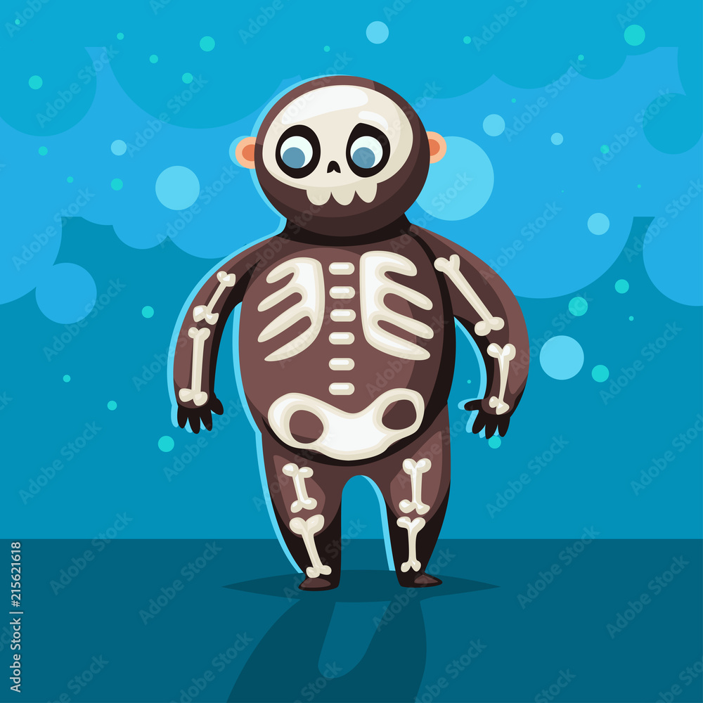 Vettoriale Stock Halloween kids costume of cute fat skeleton on a blue  abstract background. Vector cute cartoon flat children character for  holiday and partying. Template design for the poster. | Adobe Stock