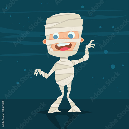 Fotografie, Tablou Halloween kids costume of cute mummy on a blue abstract background