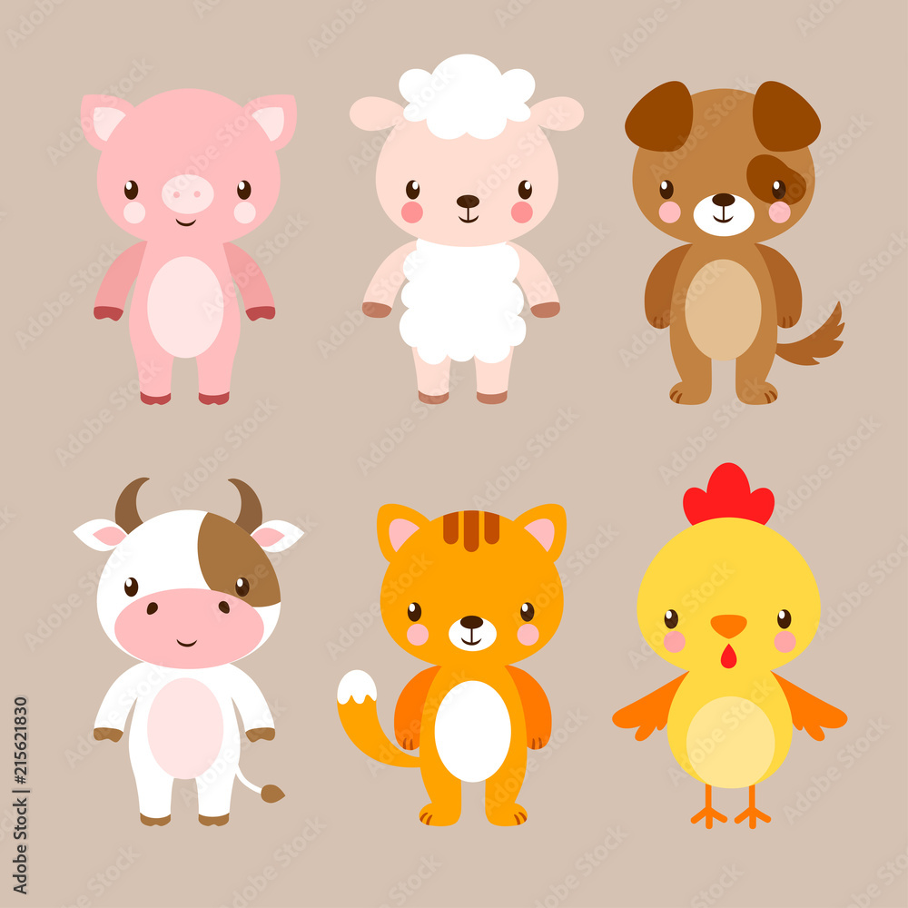 Vector set with cute animals in cartoon style. Illustration in a children's style on a beige background.