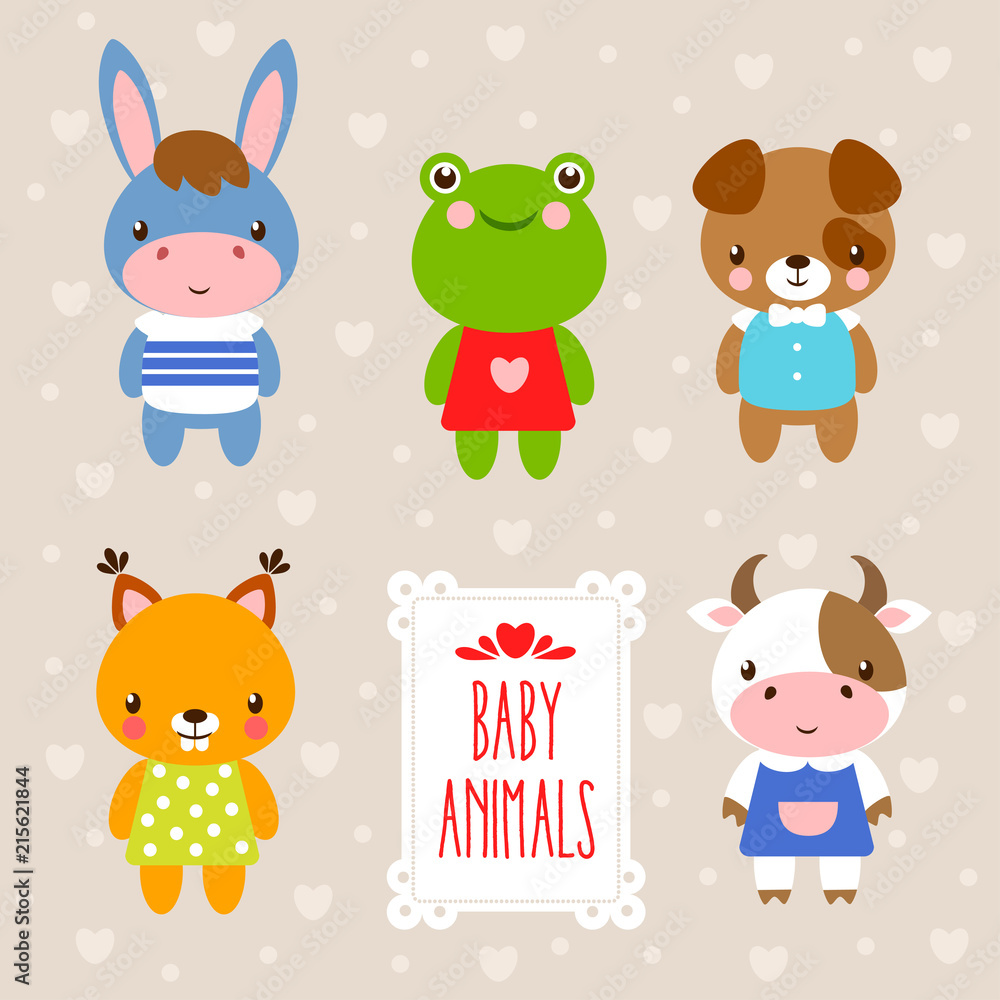 Vector set with cute animals in cartoon style. Illustration in a children's style on a beige background. and place under the text. Vector set with cute animals in cartoon style. Illustration in a children's style on a beige background. and place under the text.