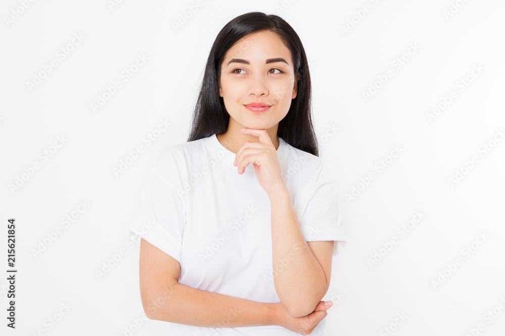 Young asian girl isolated on white background. Copy space. Mock up. Summer woman clothes blank template white t shirt. Young asian girl isolated on white background. Copy space. Mock up. Summer woman clothes blank template white t shirt.