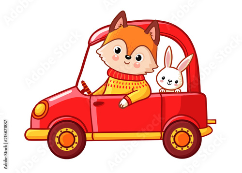 Fox with a hare ride on a red car. Vector illustration with cute animals on a white background.