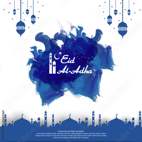 Eid al Adha Mubarak islamic greeting card design. abstract blue watercolor design with dome mosque ornament and hanging lantern element. background Vector illustration. photo