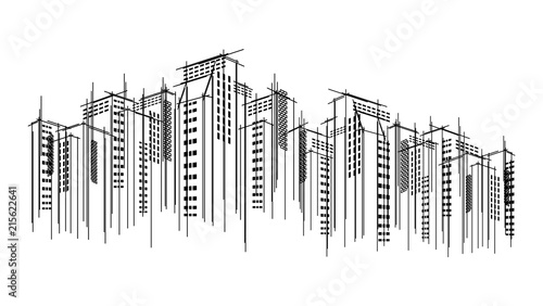 Modern vector dark city horizon scape sky scraper outline hand drawn background. Architectural business building copy black flat line template design.