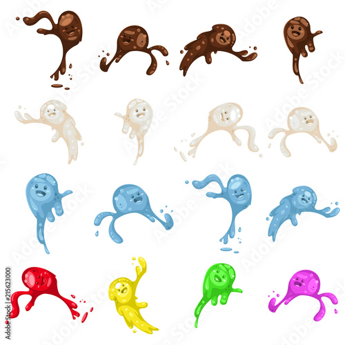 Splash of milk, chocolate, mud, water and jelly set. Vector cartoon of a funny character droplets and slime isolated on white background.