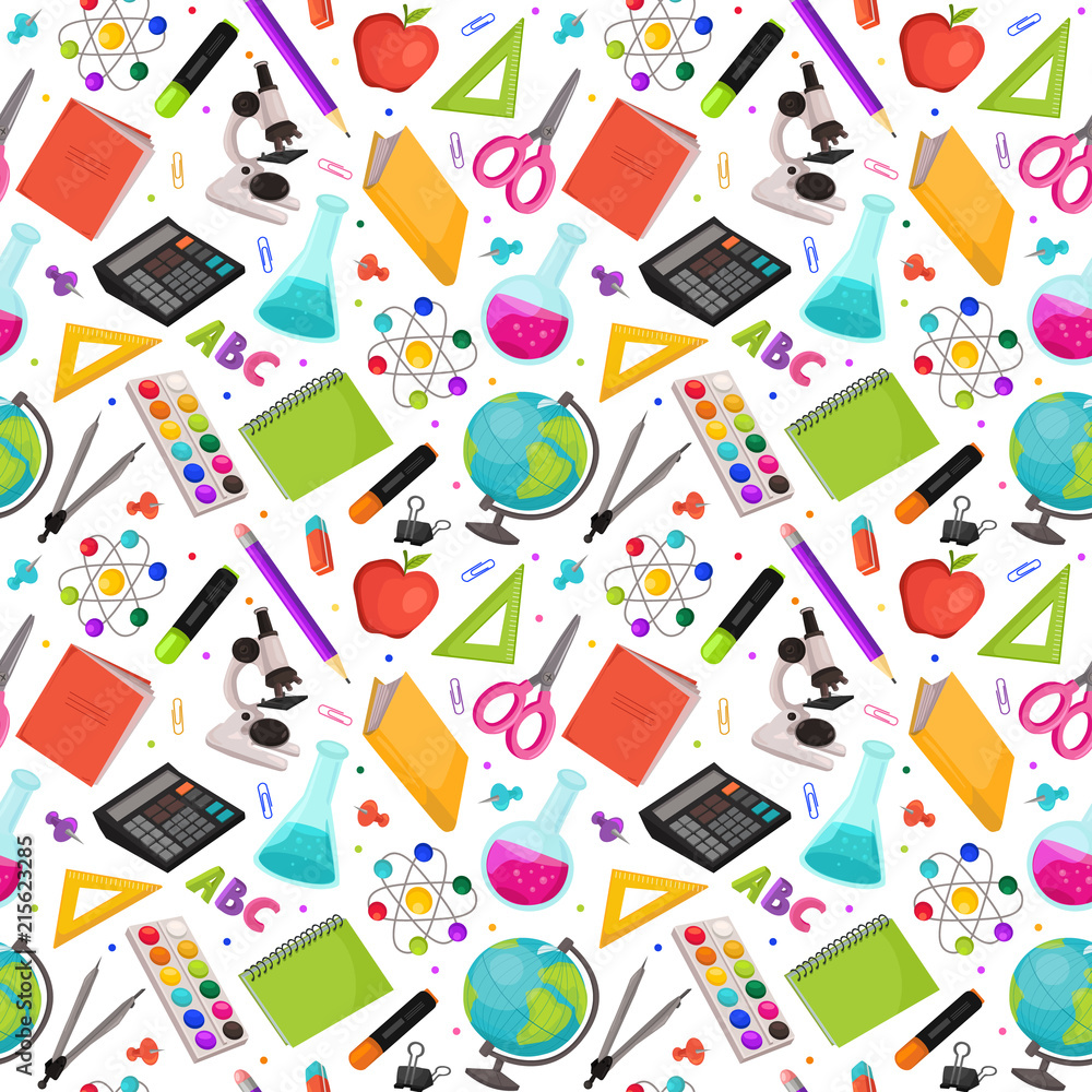 School doodle background. Vector seamless pattern from school elements hand drawn on squared background. Back to school backdrop in sketch style.