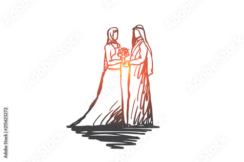 Wedding, bride, together, betrothal, islam concept. Hand drawn isolated vector.
