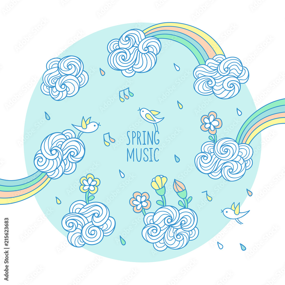 Spring music.Set of cute elements for kids design.