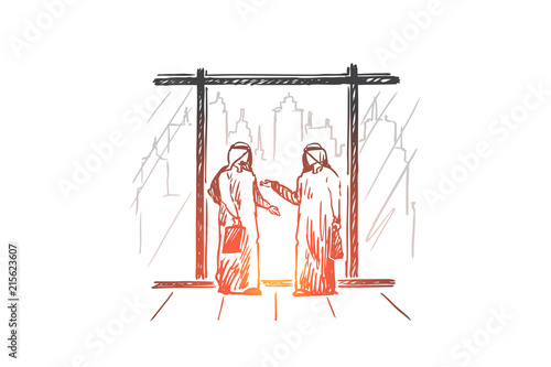 Businessmen, partners, muslim, islam, city concept. Hand drawn isolated vector.