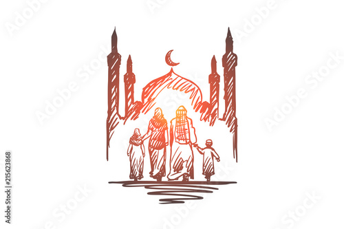 Religion, family, muslim, arabic, islam, mosque concept. Hand drawn isolated vector.