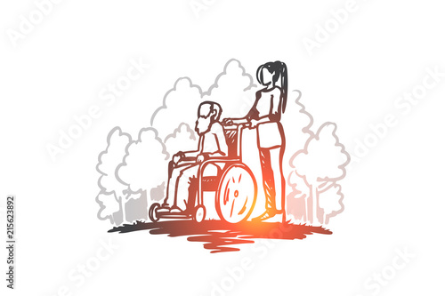 Retirement home, old man, elderly, pensioner, health concept. Hand drawn isolated vector.