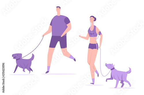 Fitness and sports with dogs. Young couple run with pets vector cartoon flat illustration isolated on white background.